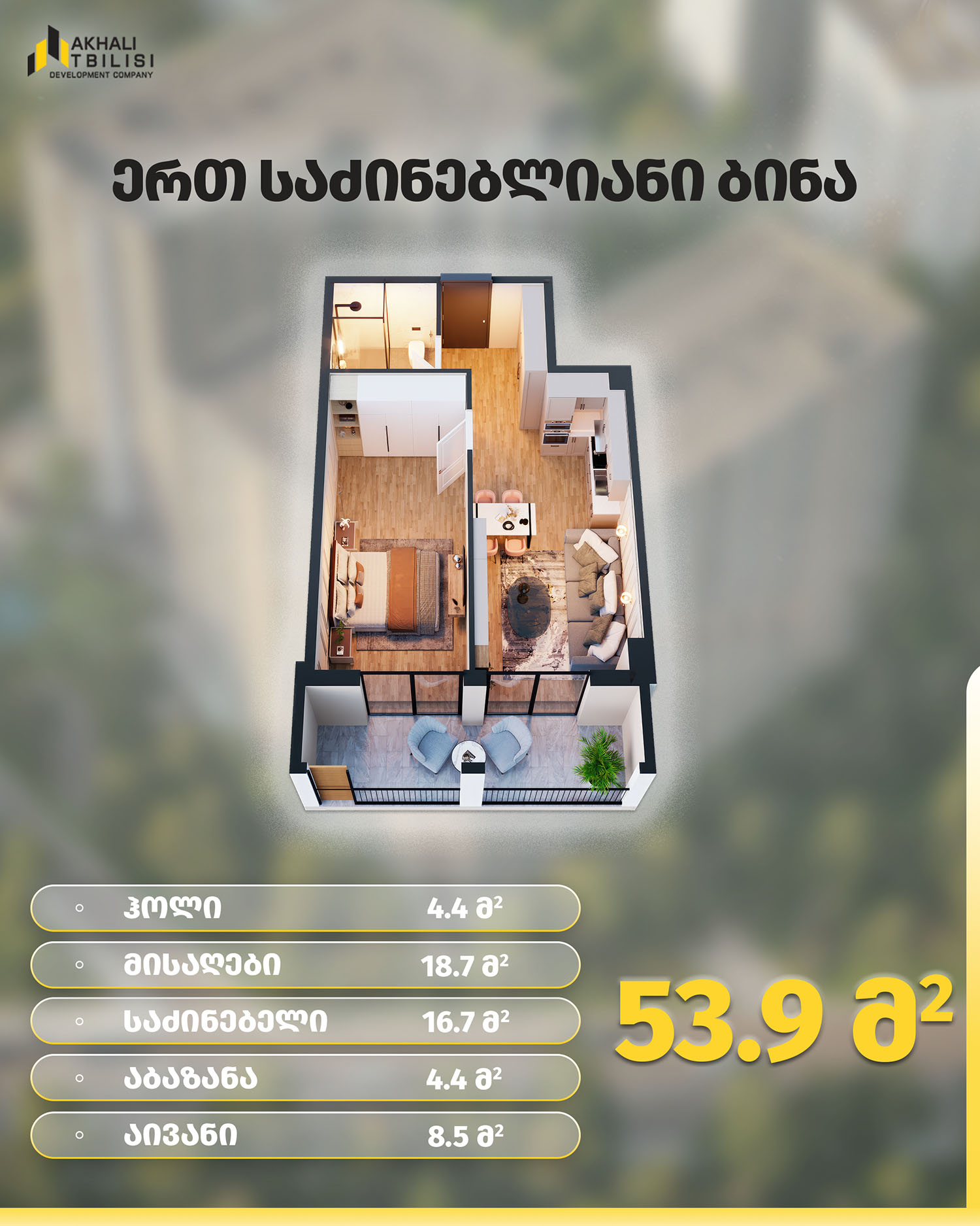 53.9 ერთ საძინებლიაინი